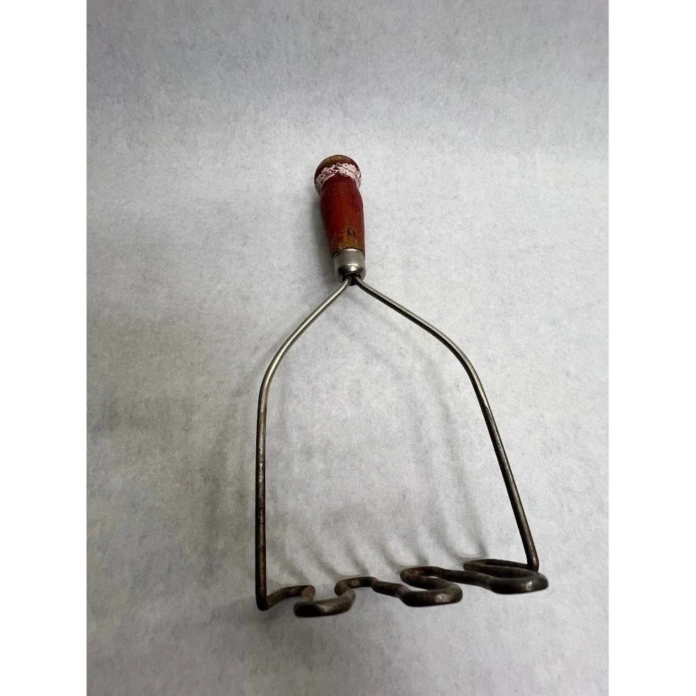 Vintage Potato Masher Wavy Wire Red Wood Handle Rustic Primitive Kitchen Tool